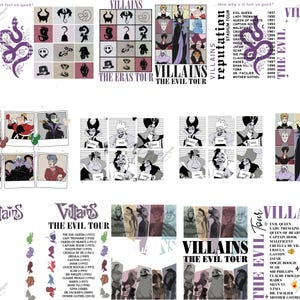 May include: A collage featuring various images and text related to Disney villains. The design includes illustrations of characters, the words "Villains" and "The Evil Tour," and a list of villain names with their movie release years. The color scheme is primarily purple, black, and white.