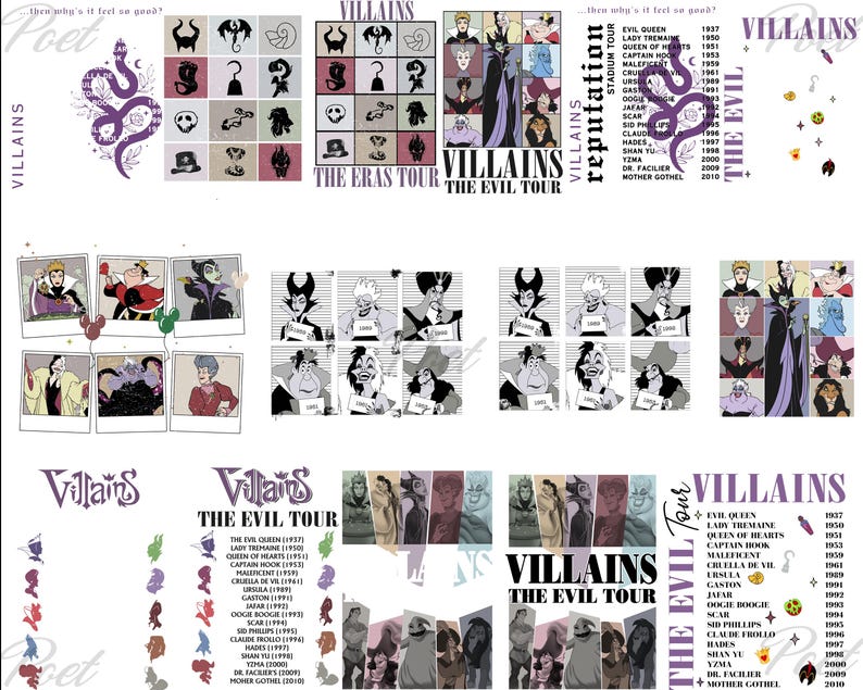 May include: A collage featuring various images and text related to Disney villains. The design includes illustrations of characters, the words "Villains" and "The Evil Tour," and a list of villain names with their movie release years. The color scheme is primarily purple, black, and white.