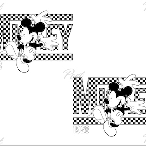 May include: Black and white graphic of Mickey Mouse with the word "MICKEY" in a checkered pattern. The number "1928" is below the word. Mickey Mouse is smiling and has his arms outstretched.