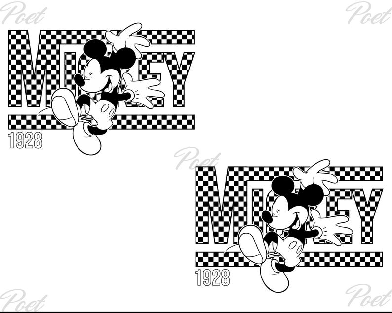 May include: Black and white graphic of Mickey Mouse with the word "MICKEY" in a checkered pattern. The number "1928" is below the word. Mickey Mouse is smiling and has his arms outstretched.