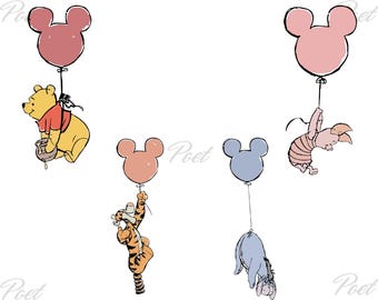 Winnie the Pooh and Friens Flying with Balloon PNG, Eeyore, Piglet, Tigger Png, Digital Download