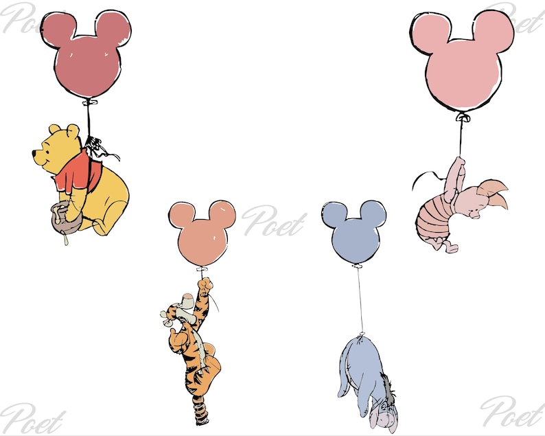 Winnie the Pooh and Friens Flying With Balloon PNG, Eeyore,