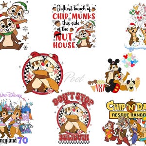 May include: A collection of colourful graphic designs featuring Chip and Dale, the Disney chipmunk duo. Designs include holiday themes, text, and various poses, with a Disneyland 70 logo.