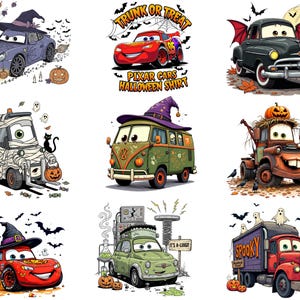 May include: A collection of cartoon car illustrations with Halloween themes. Cars are depicted as witches, mummies, and other spooky characters. Some images include text like "Trunk or Treat" and "Pixar Cars Halloween Shirt."