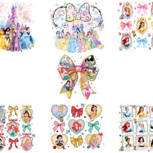 Puede incluir: Una colección de ilustraciones en acuarela con princesas de Disney. Las imágenes incluyen retratos de princesas, lazos y escenas de castillos. La paleta de colores es suave, con tonos pastel de rosa, azul, amarillo y morado.