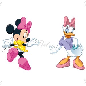 K&ouml;nnte beinhalten: Cartoon-Illustration von Minnie Mouse und Daisy Duck. Minnie Mouse tr&auml;gt ein gelbes Kleid mit wei&szlig;en Punkten, rosa Schuhe und eine rosa Schleife. Daisy Duck tr&auml;gt ein lila Oberteil, ein t&uuml;rkisfarbenes Armband, rosa Schuhe und eine rosa Schleife.