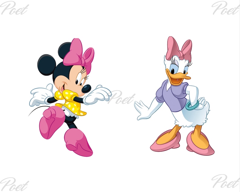 K&ouml;nnte beinhalten: Cartoon-Illustration von Minnie Mouse und Daisy Duck. Minnie Mouse tr&auml;gt ein gelbes Kleid mit wei&szlig;en Punkten, rosa Schuhe und eine rosa Schleife. Daisy Duck tr&auml;gt ein lila Oberteil, ein t&uuml;rkisfarbenes Armband, rosa Schuhe und eine rosa Schleife.
