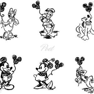 K&ouml;nnte beinhalten: Schwarz-Wei&szlig;-Skizzen von Disney-Figuren, darunter Micky Maus, Minnie Maus, Donald Duck, Daisy Duck, Pluto und Goofy. Jede Figur h&auml;lt einen Mickey-Mouse-f&ouml;rmigen Ballon. Das Wort "Poet" ist im Hintergrund geschrieben.