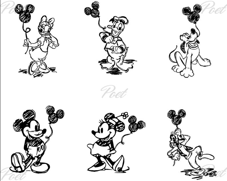 K&ouml;nnte beinhalten: Schwarz-Wei&szlig;-Skizzen von Disney-Figuren, darunter Micky Maus, Minnie Maus, Donald Duck, Daisy Duck, Pluto und Goofy. Jede Figur h&auml;lt einen Mickey-Mouse-f&ouml;rmigen Ballon. Das Wort "Poet" ist im Hintergrund geschrieben.