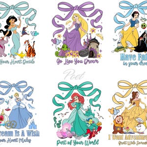 以下が含まれることがあります： それぞれユニークなデザインの、6つのカラフルなディズニーのプリンセスのイラスト。各画像には、プリンセスとそれに付随するキャラクターとテキストが描かれています。テキストには「Let Your Heart Decide」や「A Dream Is A Wish」などのフレーズが含まれています。