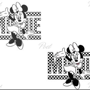 May include: Black and white graphic of Minnie Mouse with the word "MINNIE" in a checkered pattern. The number "1928" is below the word. Minnie Mouse is wearing a bow, dress, and shoes.