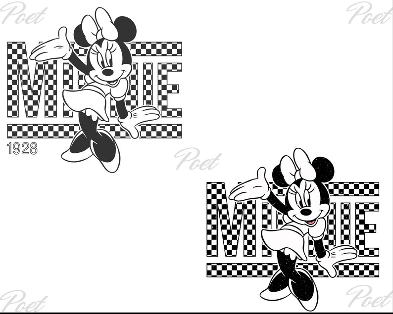 May include: Black and white graphic of Minnie Mouse with the word "MINNIE" in a checkered pattern. The number "1928" is below the word. Minnie Mouse is wearing a bow, dress, and shoes.