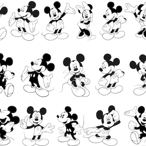 Puede incluir: Una colecci&oacute;n de ilustraciones en blanco y negro de Mickey Mouse y Minnie Mouse en varias poses. Mickey lleva guantes blancos, pantalones cortos y zapatos. Minnie lleva un lazo, guantes y un vestido. Las im&aacute;genes son de estilo caricatura.