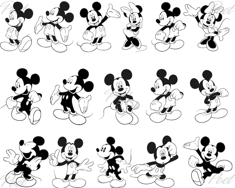Puede incluir: Una colecci&oacute;n de ilustraciones en blanco y negro de Mickey Mouse y Minnie Mouse en varias poses. Mickey lleva guantes blancos, pantalones cortos y zapatos. Minnie lleva un lazo, guantes y un vestido. Las im&aacute;genes son de estilo caricatura.