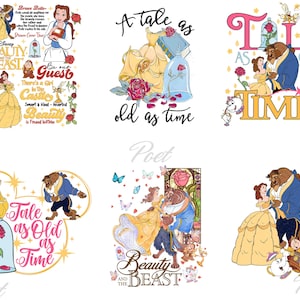 May include: A collection of Beauty and the Beast themed illustrations. Belle in a yellow dress, the Beast, and other characters are depicted. Text includes "Beauty and the Beast", "Tale as Old as Time", and other quotes. The designs are colourful and whimsical.