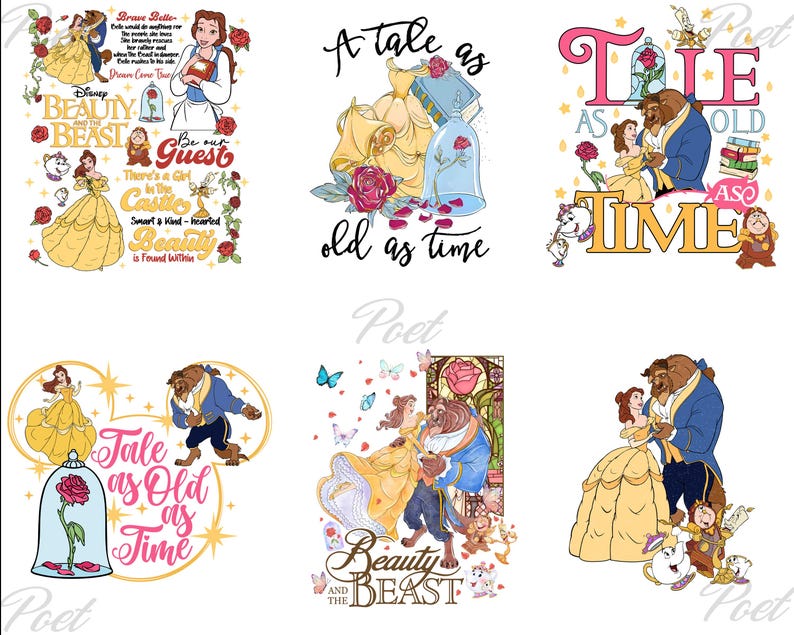 May include: A collection of Beauty and the Beast themed illustrations. Belle in a yellow dress, the Beast, and other characters are depicted. Text includes "Beauty and the Beast", "Tale as Old as Time", and other quotes. The designs are colourful and whimsical.