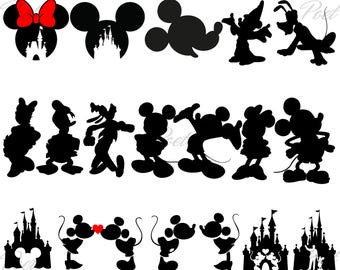 Mickey and Minnie Mouse Silhouette: Black and White PNG, SVG (Digital Download)