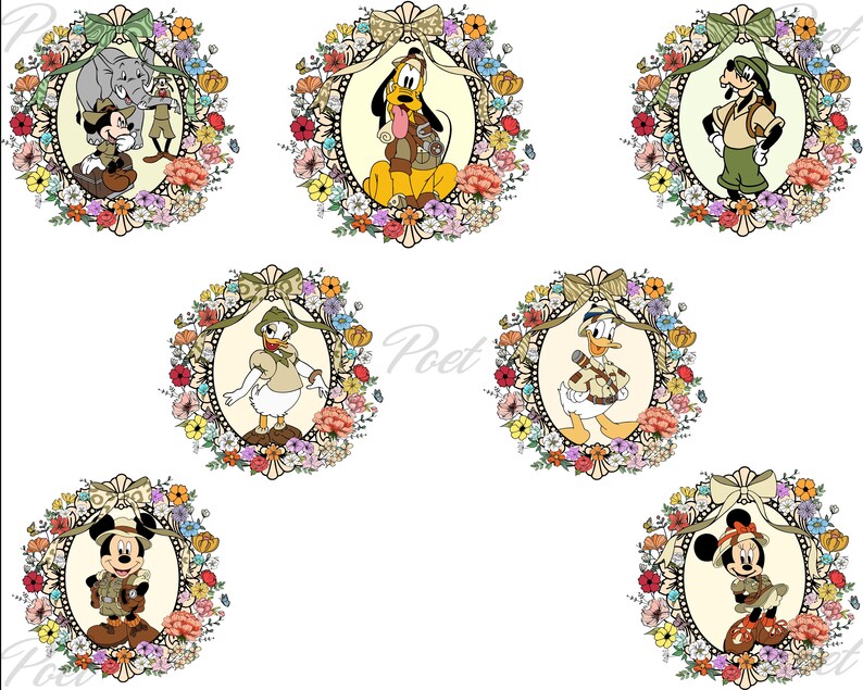 K&ouml;nnte beinhalten: Sieben ovale Illustrationen von Disney-Charakteren, jeweils umrahmt von einem Blumenkranz und einer dekorativen Schleife. Zu den Charakteren geh&ouml;ren Micky Maus, Minnie Maus, Donald Duck, Pluto und Goofy, alle in Safari-Outfits. Die Illustrationen sind vor einem wei&szlig;en Hintergrund.