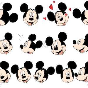 Puede incluir: Una colecci&oacute;n de ilustraciones de la cabeza de Mickey Mouse en varias expresiones. Las cabezas son negras, blancas y beige, con diferentes expresiones faciales, incluyendo sonrisas, gui&ntilde;os y corazones. La palabra "Poet" est&aacute; en la esquina.