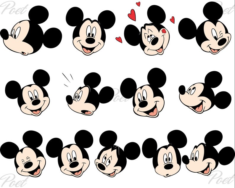 Puede incluir: Una colecci&oacute;n de ilustraciones de la cabeza de Mickey Mouse en varias expresiones. Las cabezas son negras, blancas y beige, con diferentes expresiones faciales, incluyendo sonrisas, gui&ntilde;os y corazones. La palabra "Poet" est&aacute; en la esquina.