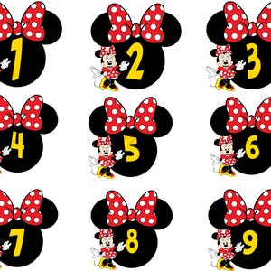 May include: Nine black Minnie Mouse head designs, each with a yellow number from 1 to 9. Each design features a red bow with white polka dots and a Minnie Mouse character in a red polka dot dress.