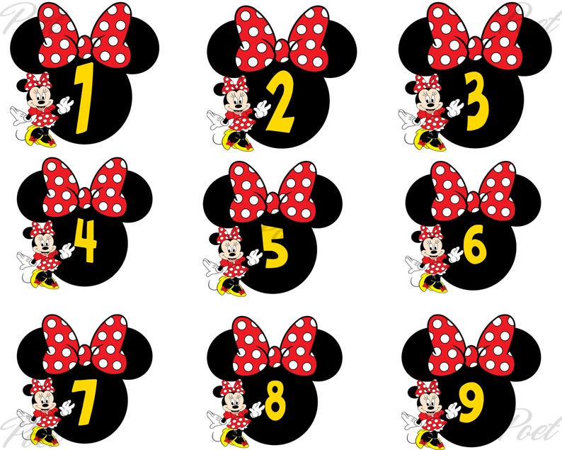 May include: Nine black Minnie Mouse head designs, each with a yellow number from 1 to 9. Each design features a red bow with white polka dots and a Minnie Mouse character in a red polka dot dress.