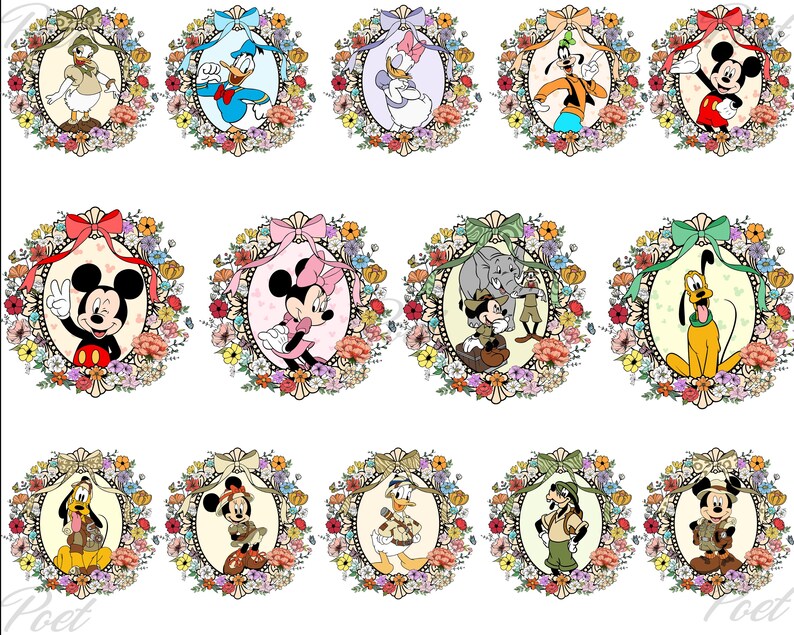 K&ouml;nnte beinhalten: Eine Sammlung gerahmter Cartoon-Charakter-Portr&auml;ts, jedes umgeben von einem Blumenkranz und einer dekorativen Schleife. Zu den Charakteren geh&ouml;ren Micky Maus, Minnie Maus, Donald Duck, Daisy Duck, Goofy und Pluto. Die Portr&auml;ts haben eine Vintage-&Auml;sthetik.