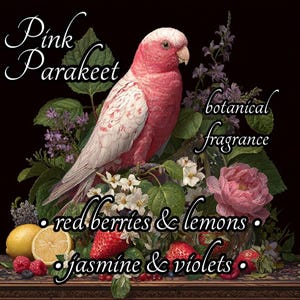 May include: An artistic illustration features a pink parakeet perched amidst flowers, berries, and lemons. The text includes "Pink Parakeet," "botanical fragrance," and "red berries & lemons," and "jasmine & violets."