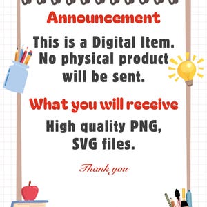 Puede incluir: Anuncio de art&iacute;culo digital con texto: "Este es un art&iacute;culo digital. No se enviar&aacute; ning&uacute;n producto f&iacute;sico." Tambi&eacute;n enumera "PNG de alta calidad, archivos SVG." La imagen incluye l&aacute;pices, libros y una bombilla.