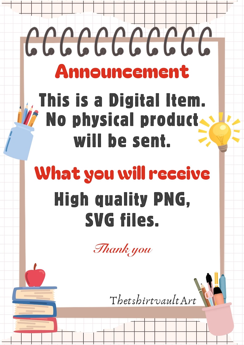 Puede incluir: Anuncio de art&iacute;culo digital con texto: "Este es un art&iacute;culo digital. No se enviar&aacute; ning&uacute;n producto f&iacute;sico." Tambi&eacute;n enumera "PNG de alta calidad, archivos SVG." La imagen incluye l&aacute;pices, libros y una bombilla.