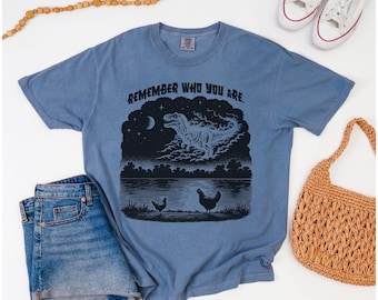 Camiseta divertida de la evolución del pollo dinosaurio | Camiseta de T-Rex "Recuerda quién eres" | Humor paleontológico | Camiseta gráfica vintage con colores cómodos