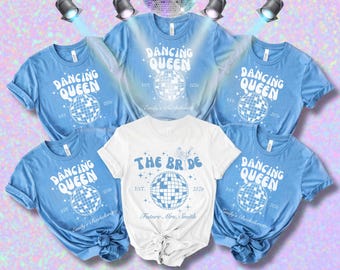 Mamma Mia vrijgezellenfeest shirts | De bruid & Dancing Queen T-shirts | Gepersonaliseerde discobal-afbeelding | Bijpassend cadeau voor de bruidsmeisjes | Tops met vrijgezellenfeestthema