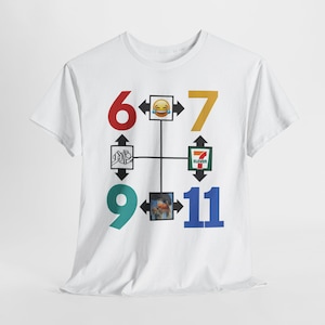 May include: A white short-sleeved t-shirt featuring a graphic print of a grid with numbers 6, 7, 9, and 11 in red, gold, teal, and blue. The grid includes black arrows and square icons containing a laughing emoji, a 7-Eleven logo, and other images.
