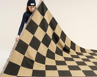 Checkered Jute Rug - Custom Size Boho Runner, Hallway & Large Checkerboard Indian Jute Floor Rug