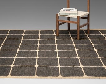 Handmade Checkered Jute Rug - Custom Size Runner, Boho Hallway Runner, Large Checkerboard Floor Rug