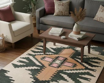 Handwoven Kilim Wool Jute Rug | Tribal Geometric Area Rug | Black and Ivory Flatweave Rug for Living Room, Bedroom, Dining Room
