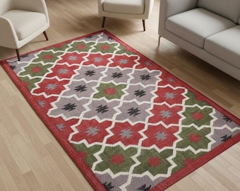 Boho Wool Jute Rug Eco Friendly Handwoven Flatweave, Rustic Farmhouse Natural Fiber Carpet Perfect for Living Room and Bedroom Decor