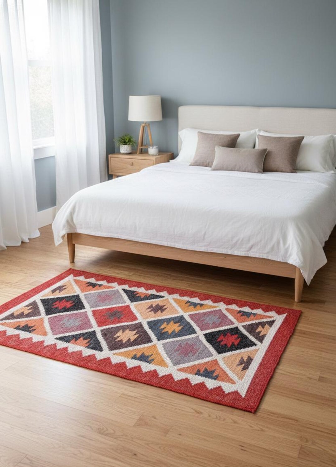 Handwoven Wool & Jute Kilim Area Rug - Bohemian Geometric Pattern Floor ...