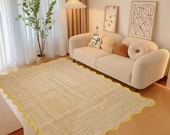 Natürlicher Juteteppich, Teppich mit gewellter Kante, Boho-Teppich, Teppich mit gewellter Kante