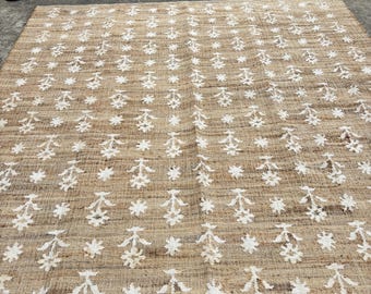 Handmade Jute Cotton Flower Rug, Cotton Jute Blend Rug, Organic Natural Jute Rug for Home Decor Floor, Dining Area, Custom Size