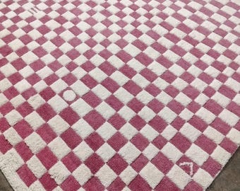Handmade Wool Moroccan Rug: Pink Checkered Shag, Custom Berber Carpet