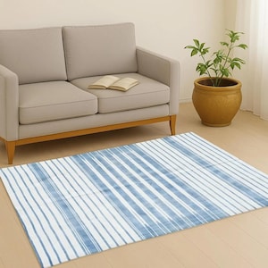 6x9 Blue White Dhurrie Handmade Cotton Area Flat Weave Woven Rug, Blue And White Indian Striped Dhurrie, Vintage Modern Indian Flatweave