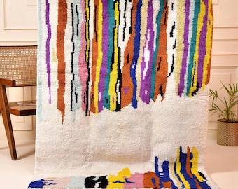 Colorful Moroccan Rug with Abstract Drip Design, Handmade Wool Area Rug for Boho Decor, Vibrant Modern Berber Style Carpet for Living Room