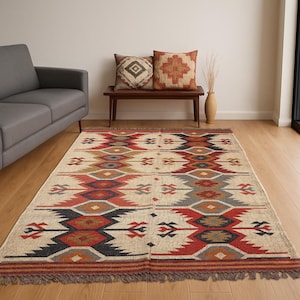 Kilim Rug, Handwoven, Wool and Jute Rug Handmade, Flatweave Rug, Bohemian Rug, Indian Dhurrie Rug, Navajo Kilim Rug, Custom Rug