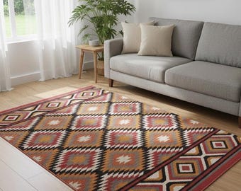Vintage Turkish Kilim Rug | Handwoven Anatolian Wool Area Rug | Bohemian Home Decor | Geometric Pattern Kilim Carpet | Unique Gift Idea