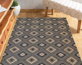 Flatweave Kilim Rug, Southwestern Area Rug, Bohemian Style Wool Carpet, Unique Geometric Floor Mat