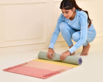 Ecofriendly Cotton Yoga Mat - Handwoven, Non-Slip, Durable for Pilates, Fitness, Meditation & Prayer Use