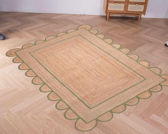 Alfombra de yute ondulada festoneada, alfombra de yute natural con bordes ondulados, alfombra con forma festoneada, alfombra de yute bohemia, alfombra de decoración bohemia, alfombra de yute a medida