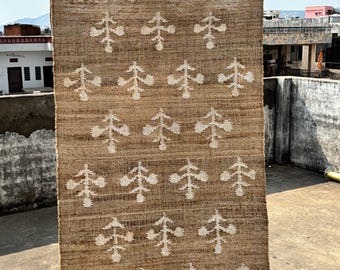 8x10ft Jute Rug, White Flower Natural Jute Rug, Cotton Jute Rug, Large Floor Area Kilim Runner Rug, Coastal Living Jute and Cotton Rug.