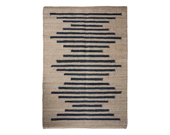 Handmade Rug, Natural Fiber Rug, Natural Jute Hemp Area Rug with Black Stripes Bohemian Rug, Home Decor Rug, Custom Size Rug